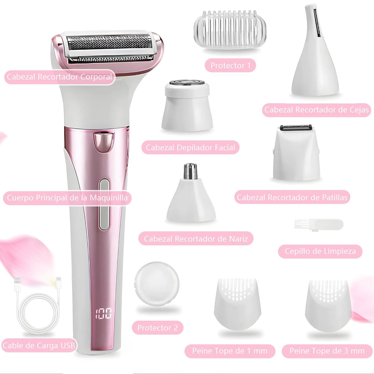 Rasuradora Eléctrica para Mujer 5 en 1, Rasuradora Recargable USB Pantalla Digital y Luz, Impermeable Húmedo Seco, Cabezales Intercambiables, Sin Dolor Sin Irritación para Bikini Axilas Piernas