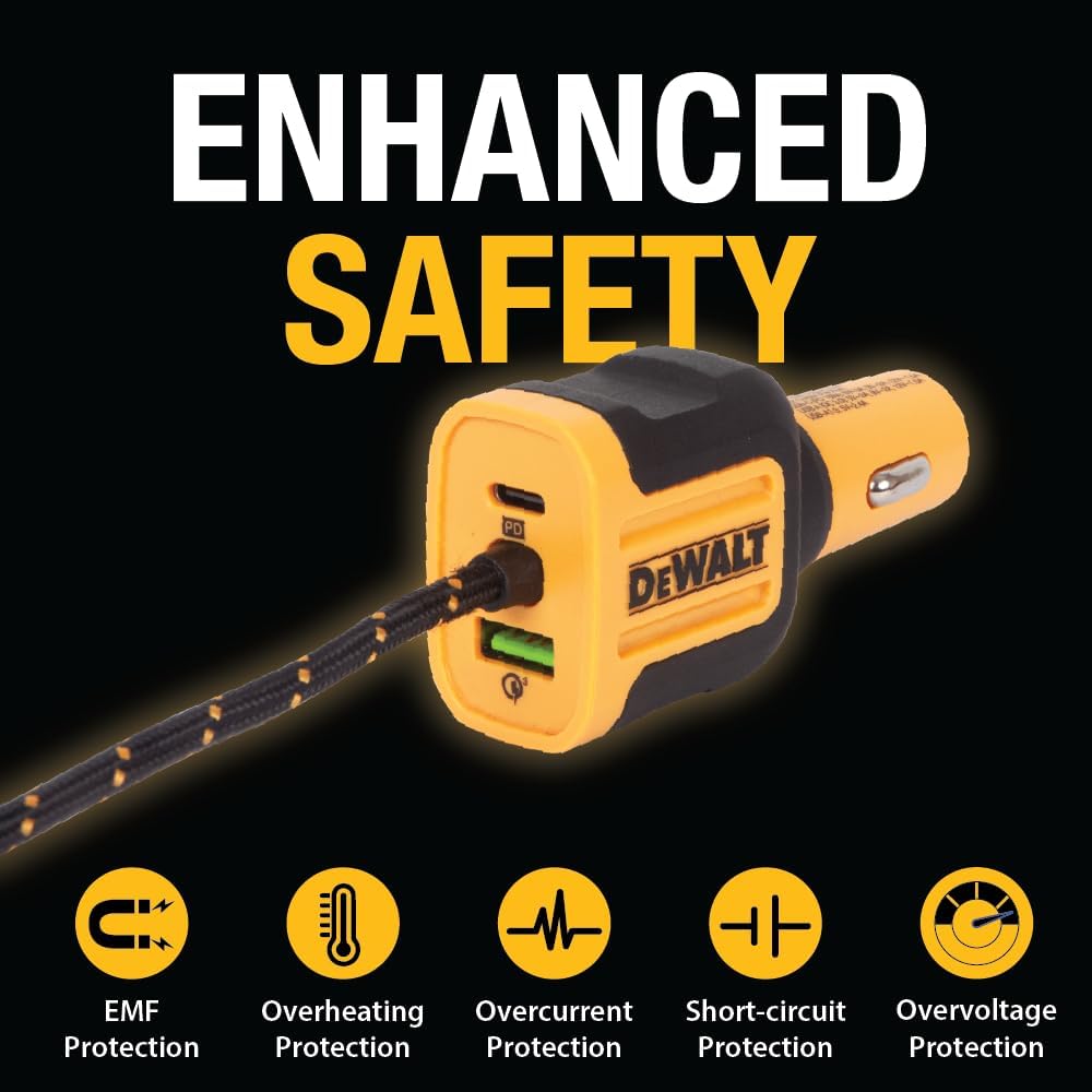 DEWALT 72W USB C Cargador de Coche de 5 Puertos, iPhone 15 USB Cargador de Coche de Carga rápida, PD & QC3.0 Encendedor de Cigarrillos del Coche Cargador USB de Varios Puertos con Cable de 6Ft