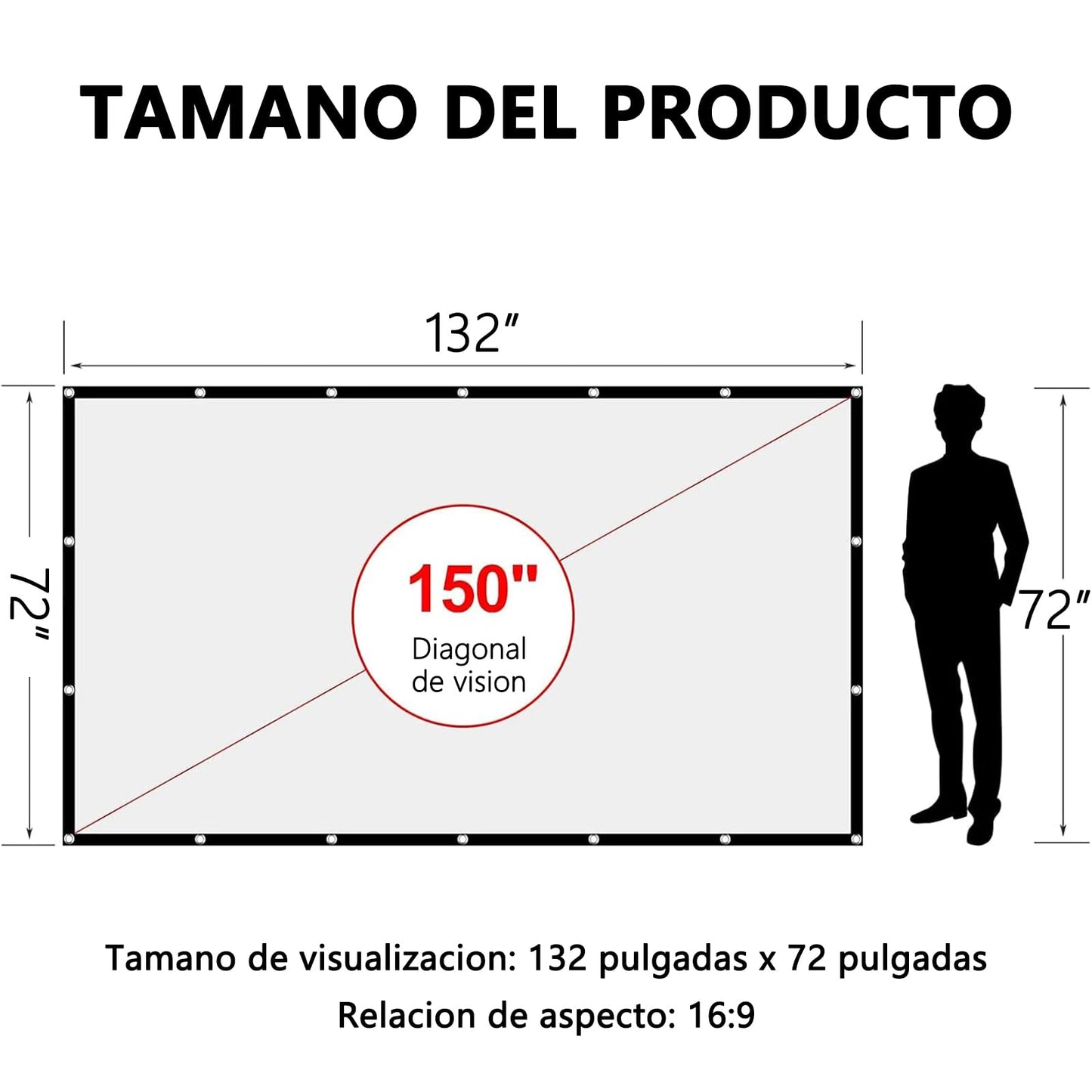 TPOUIDD Visualización de Proyector de 150 Pulgadas, 16:9 HD Pantalla de Proyector Portátil, Antiarrugas y Plegable，Adecuada para Exteriores, Interiores, Campamentos y Cine en Casa (150 Pulgadas)