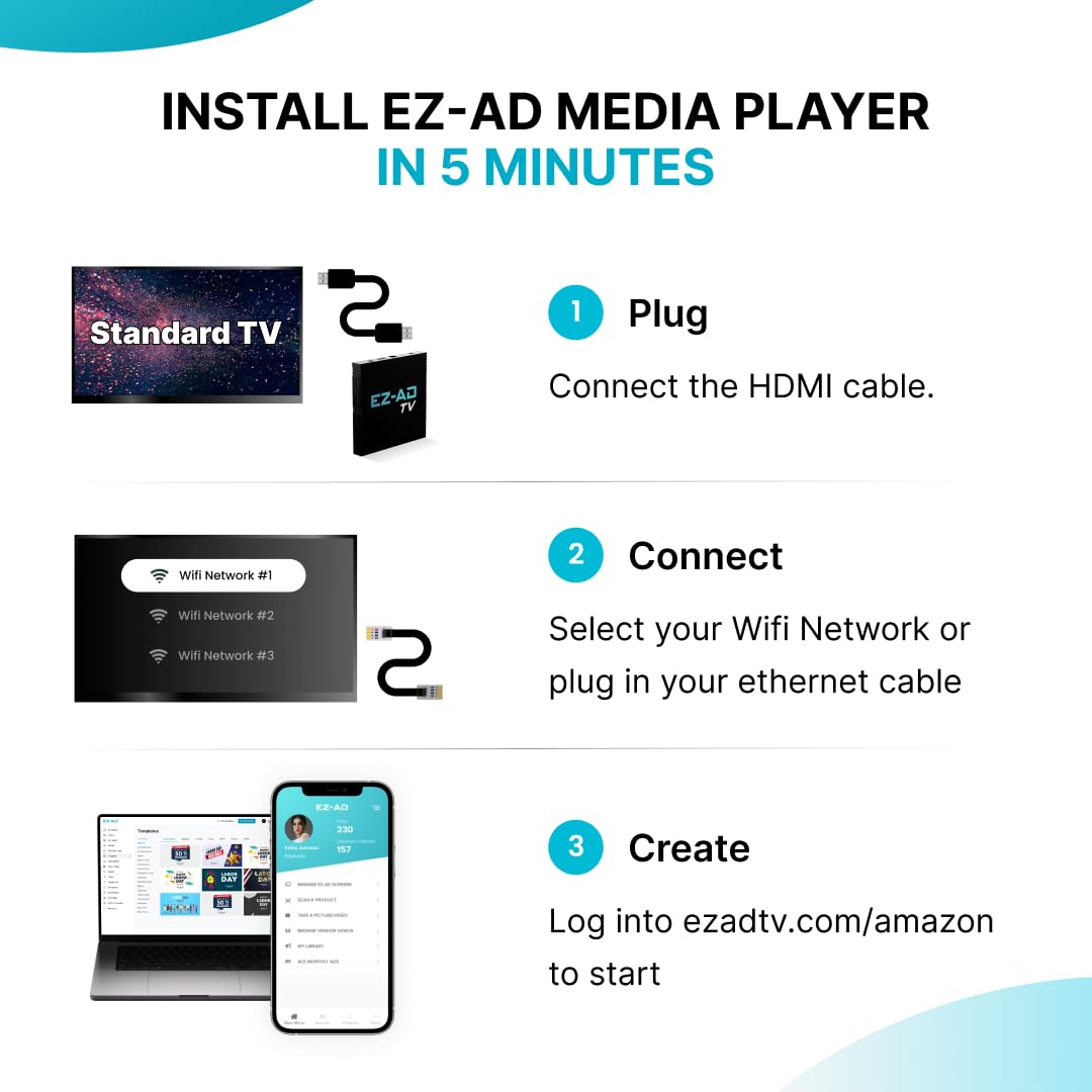 EZ-AD TV Reproductor de Señalización Digital, Programa tu Contenido, Plan Gratuito, Aplicación Móvil, Maneja Múltiples Pantallas, Miles de Plantillas