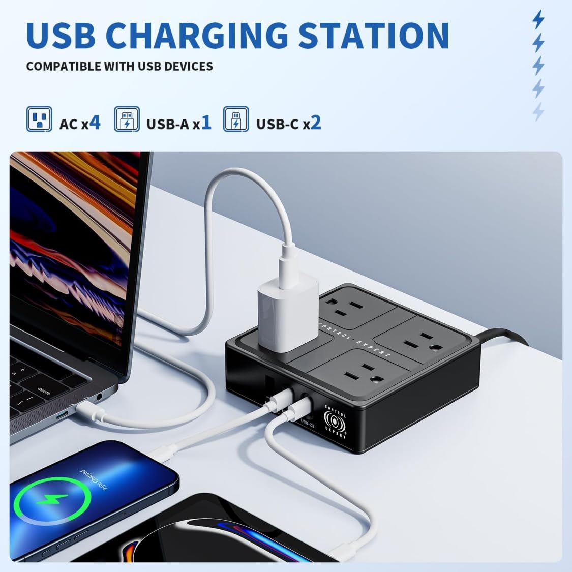 CONTROL EXPERT Multicontacto extensión USB, Conector Multiple con 4 Salidas, 1 Puerto USB, 2 Tipo C, Conector Multiple Adaptador, Extension Electrica con Protector de Sobretensión (Negro)