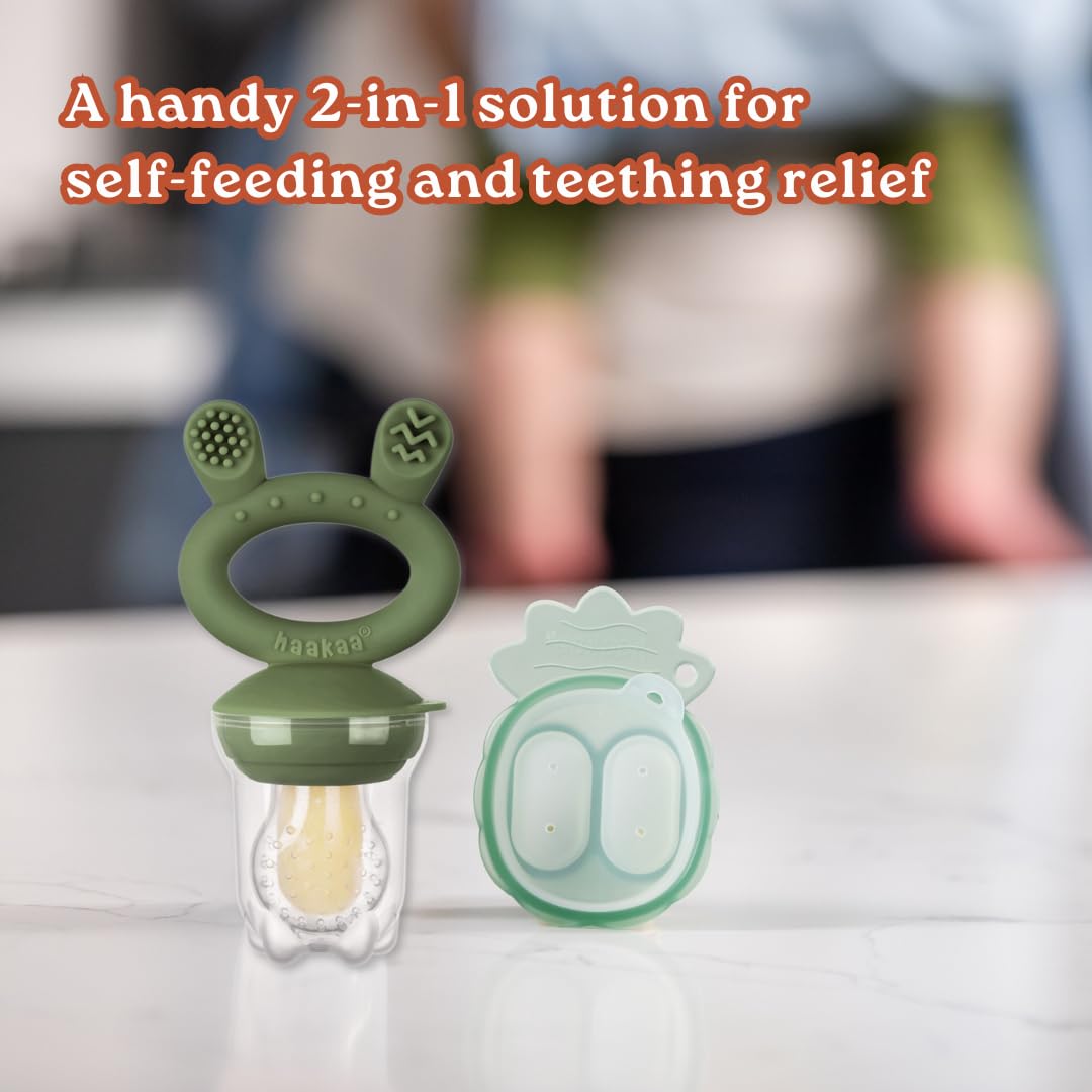 Haakaa Freeze-N-Feed Mini Combo con alimentador de alimentos de silicona y mini bandeja de silicona para picar | Auto-alimentador de alimentos sólidos para bebés | Molde para paletas de leche materna