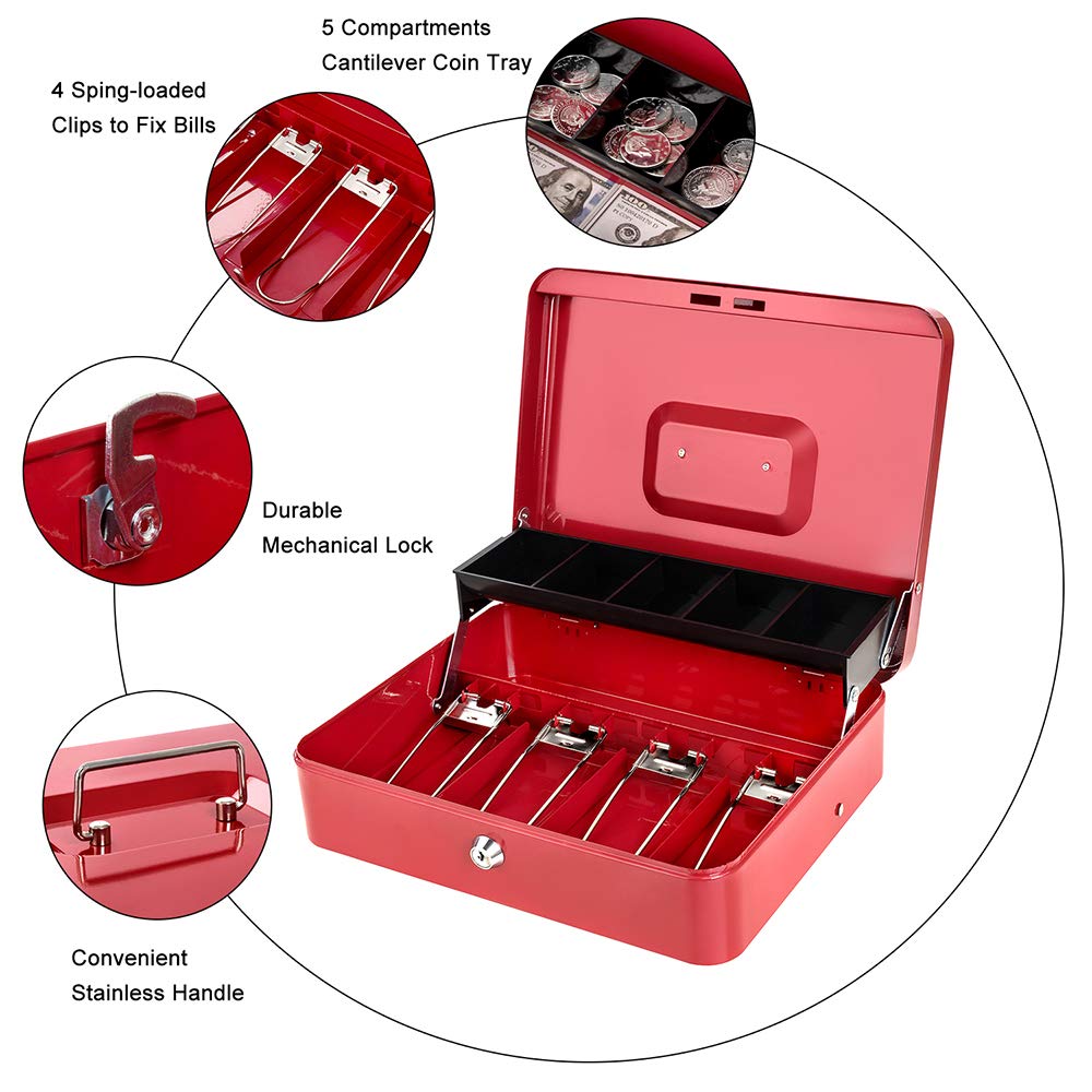 Caja de dinero con bandeja para dinero y cerradura de llave, caja fuerte grande de metal con bandeja para monedas en voladizo, caja de bloqueo para dinero de 11.8 x 9.4 x 3.5 pulgadas, color rojo