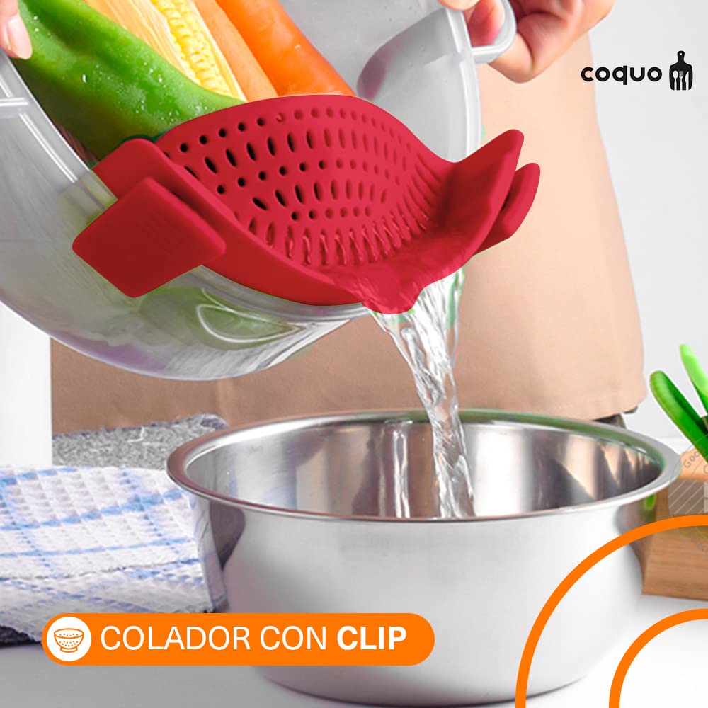 COQUO - Colador para Cocina con Clip - Ideal para cualquier Olla, Sartén y Contenedor de Cocina - Fácil de lavar y utilizar - Clip On Silicone Kitchen Colander (Rojo)