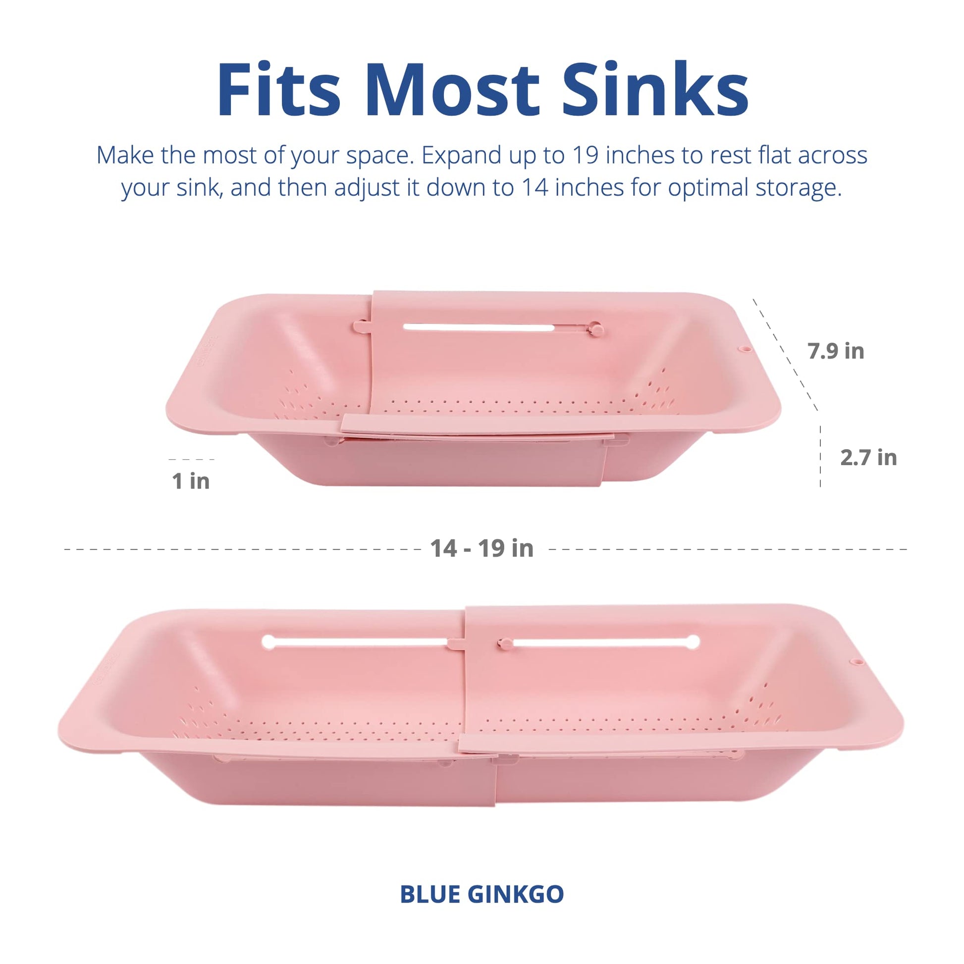 Blue Ginkgo's Ajustable Over the Sink Colander- Premium Extendable Strainer for Kitchen - Food Grade PP, Durable and Sturdy (Pink)