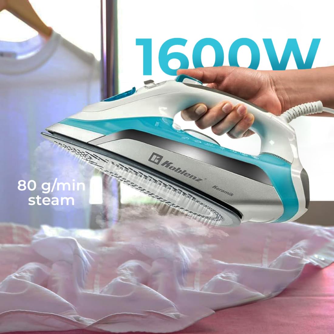 Koblenz Plancha de Vapor Koblenz Secure Keramik Pro de 1600 W y tanque de agua de 350ml con Suela Cerámica, Sistema que Evita el Sarro, Anti-clac, Cable con rotación de 360°, Aqua con Plata (PKK-750 SA)