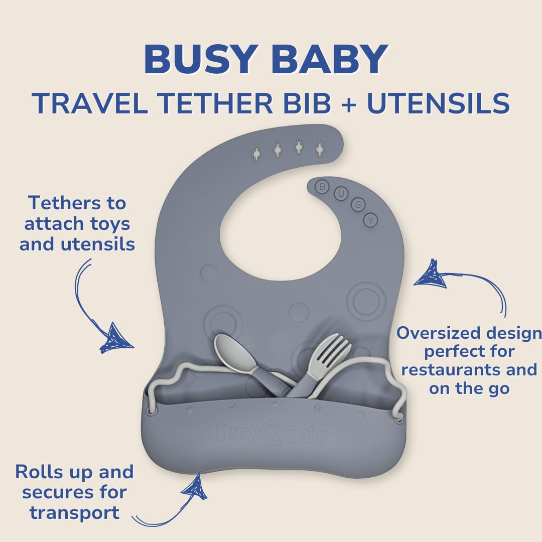 BUSY BABY - Babero de silicona para bebé, babero de viaje de 1 parada, 2 pliegues de silicona que se fijan fácilmente al babero y mantienen las cosas fuera del piso (peltre)