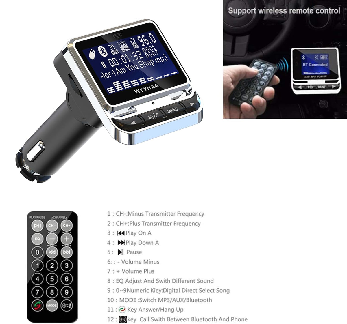 Transmisor FM WYYHAA Bluetooth 5.0 Negro con Reproductor de Música y Cargador para Coche