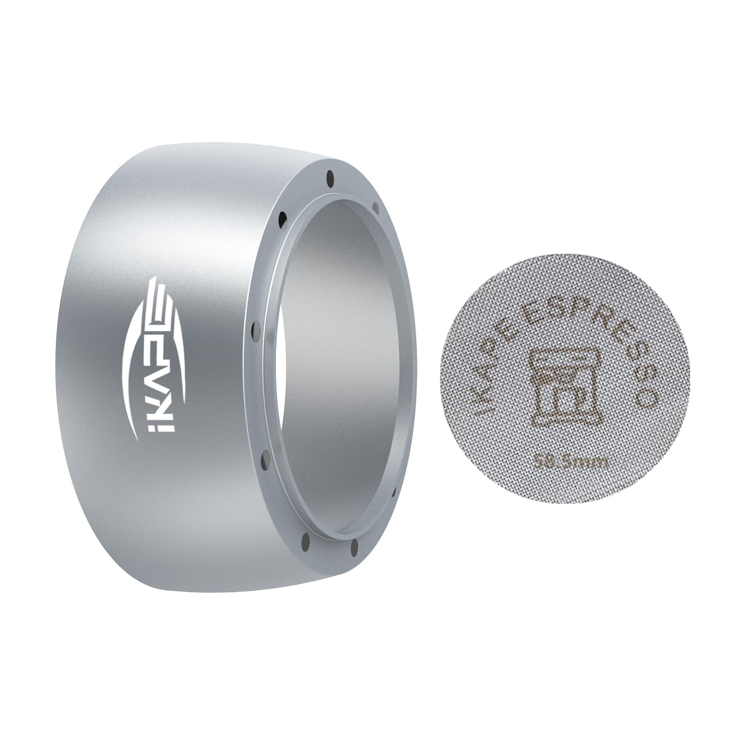 IKAPE - Juego de embudo de dosificación magnética, anillo de dosificación espresso de 58 mm y kit de visualización de disco compatible con portafiltro sin fondo de 58 mm, con 10 imanes pequeños (plata)