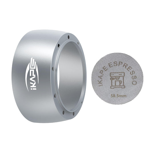 IKAPE - Juego de embudo de dosificación magnética, anillo de dosificación espresso de 58 mm y kit de visualización de disco compatible con portafiltro sin fondo de 58 mm, con 10 imanes pequeños (plata)