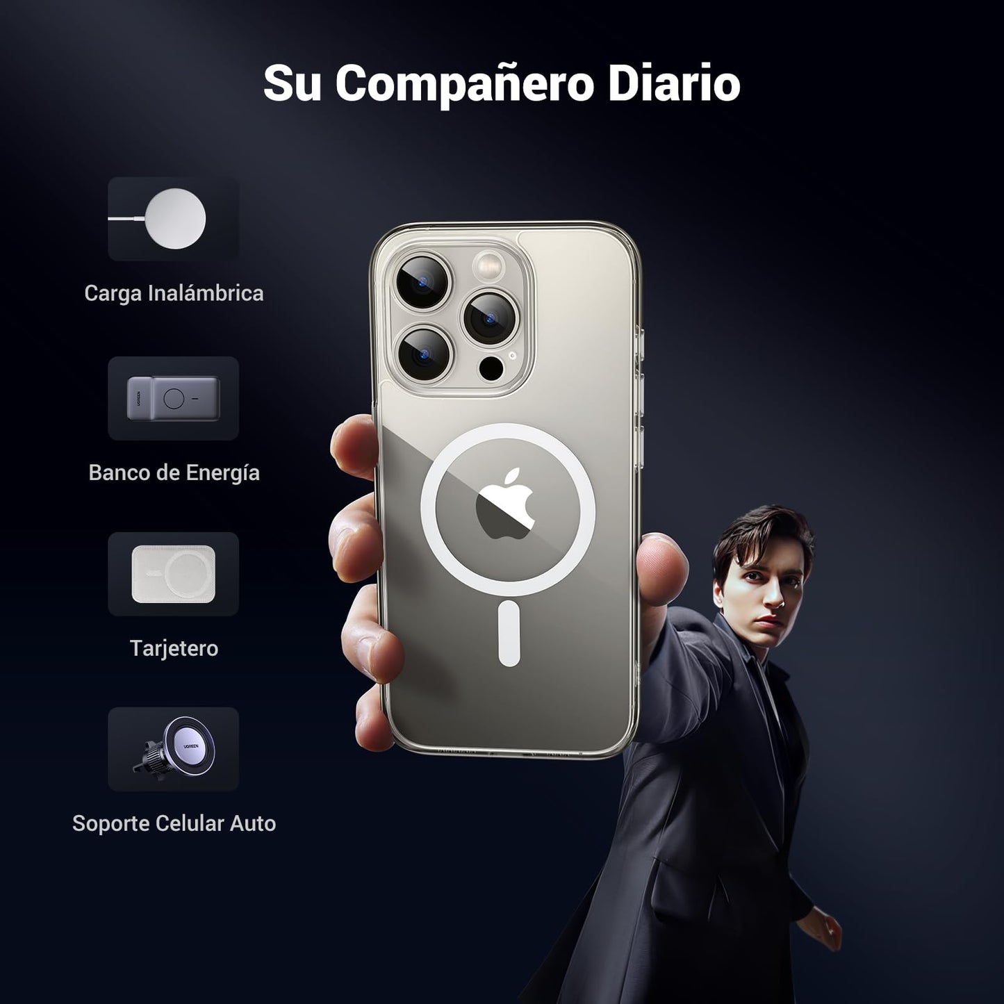 Funda iPhone 15 Pro UGREEN Transparente Magnética Anti-Amarillo con Protección de Lente y Caídas
