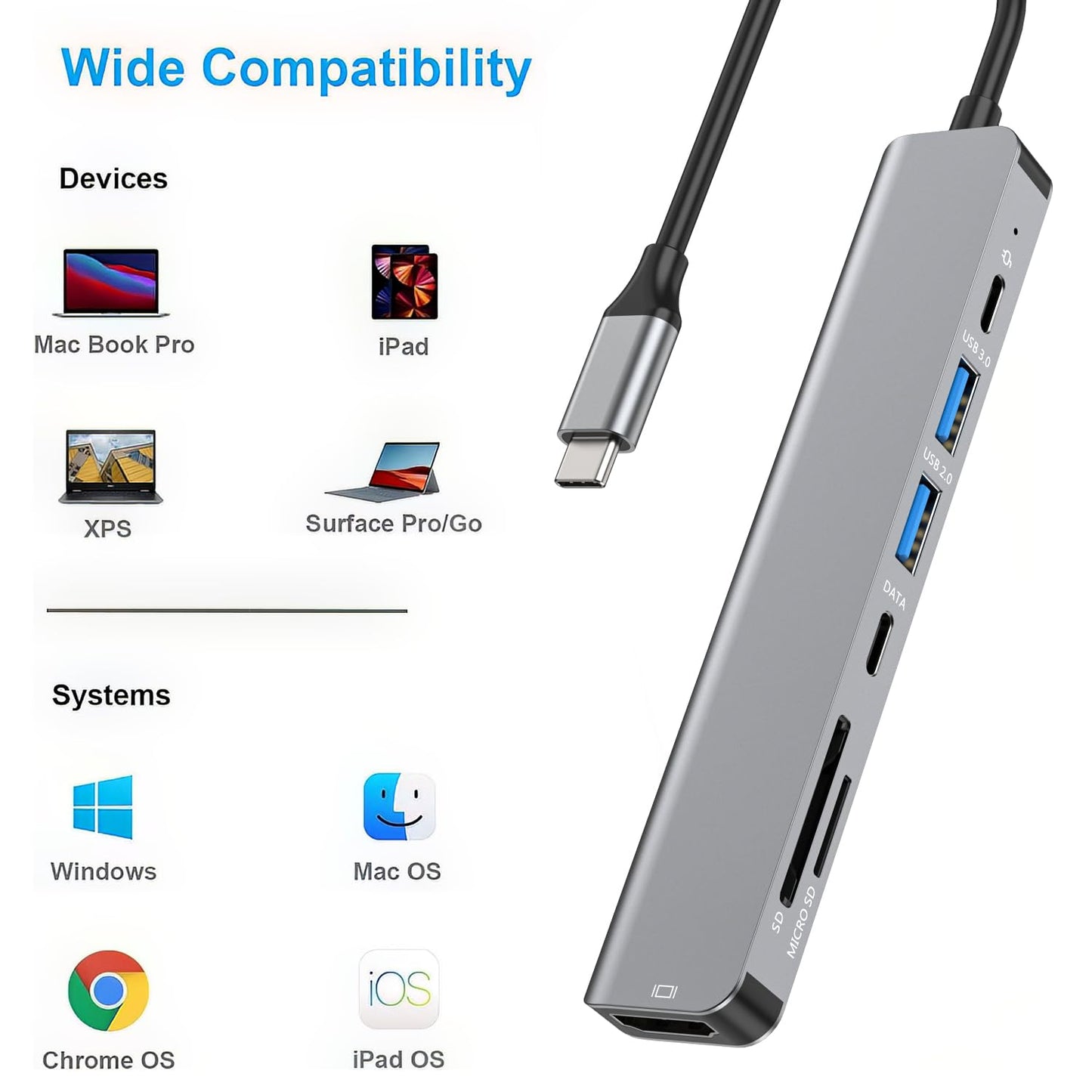 JESWO HUB USB C, 7 en 1 Adaptador USB C a HDMI 4K, USB 3.0, USB 2.0, Lector Tarjeta SD/TF, 5Gbps USB C Datos Puerto, 100W PD Carga, Adaptador Tipo C para MacBook, MacBook Pro, Macbook Air, DELL, etc.
