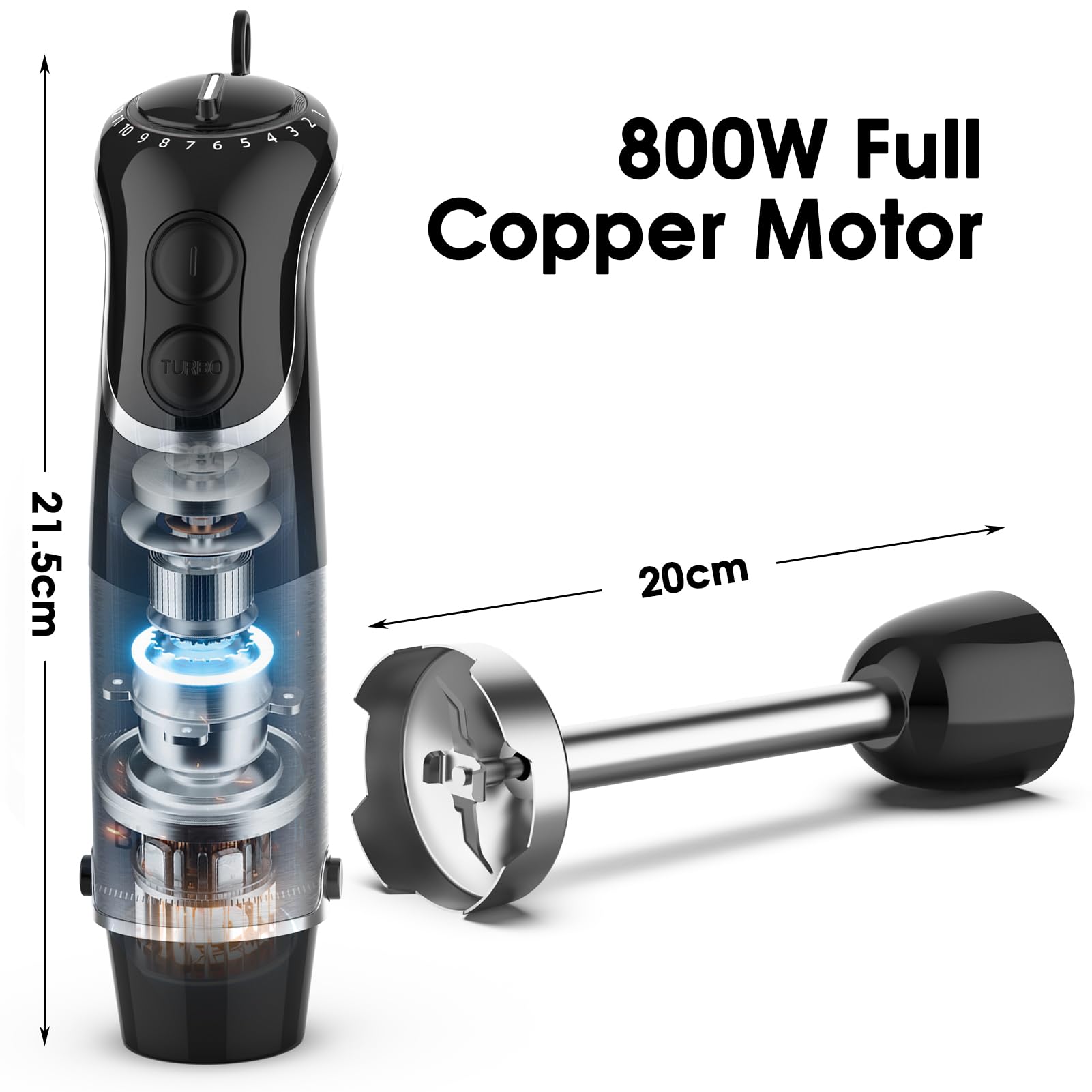 Blackcow - Licuadora de inmersión con cable de mano para cocina, licuadora de emulsión de acero inoxidable con gancho, mezclador de mano eléctrico con 12 velocidades y turbo, para batidos, sopa,