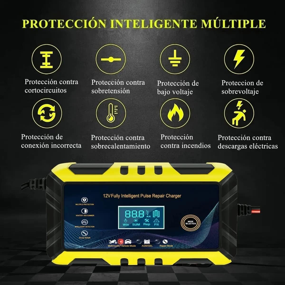 Cargador Inteligente de Batería 12V para Auto/Motocicleta | LCD, Carga Automática 3 Etapas, Protección Múltiple, Apto para Gel/AGM/Húmedas | Modos Estacionales