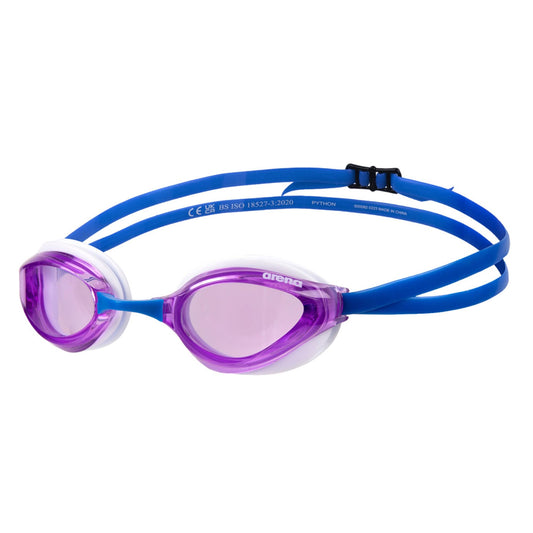 ARENA - anteojos de natación unisex de Python Racing para hombres y mujeres, lentes antivaho, sin espejo, correa doble, violeta/blanco/azul