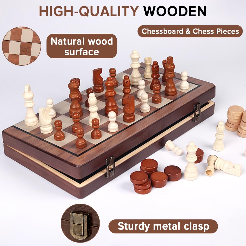 Chess Sets,Juegos de ajedrez,Yakiter 2 en 1 Juego de ajedrez magnético y juego de tablero de damas de 15 pulgadas,con 2 reinas extra,Juego de tablero de ajedrez para principiantes para adultos y niños