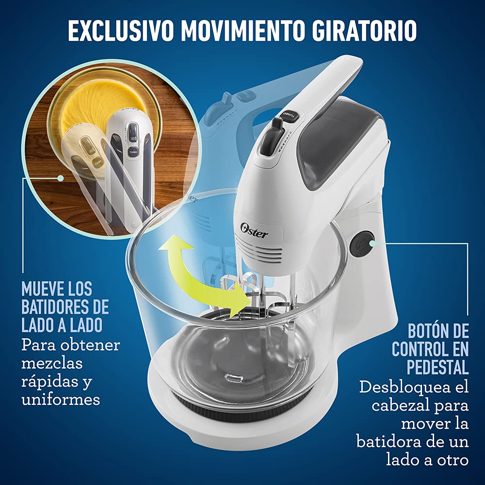Batidora Mano Pedestal Oster blanca con Tazón de Vidrio