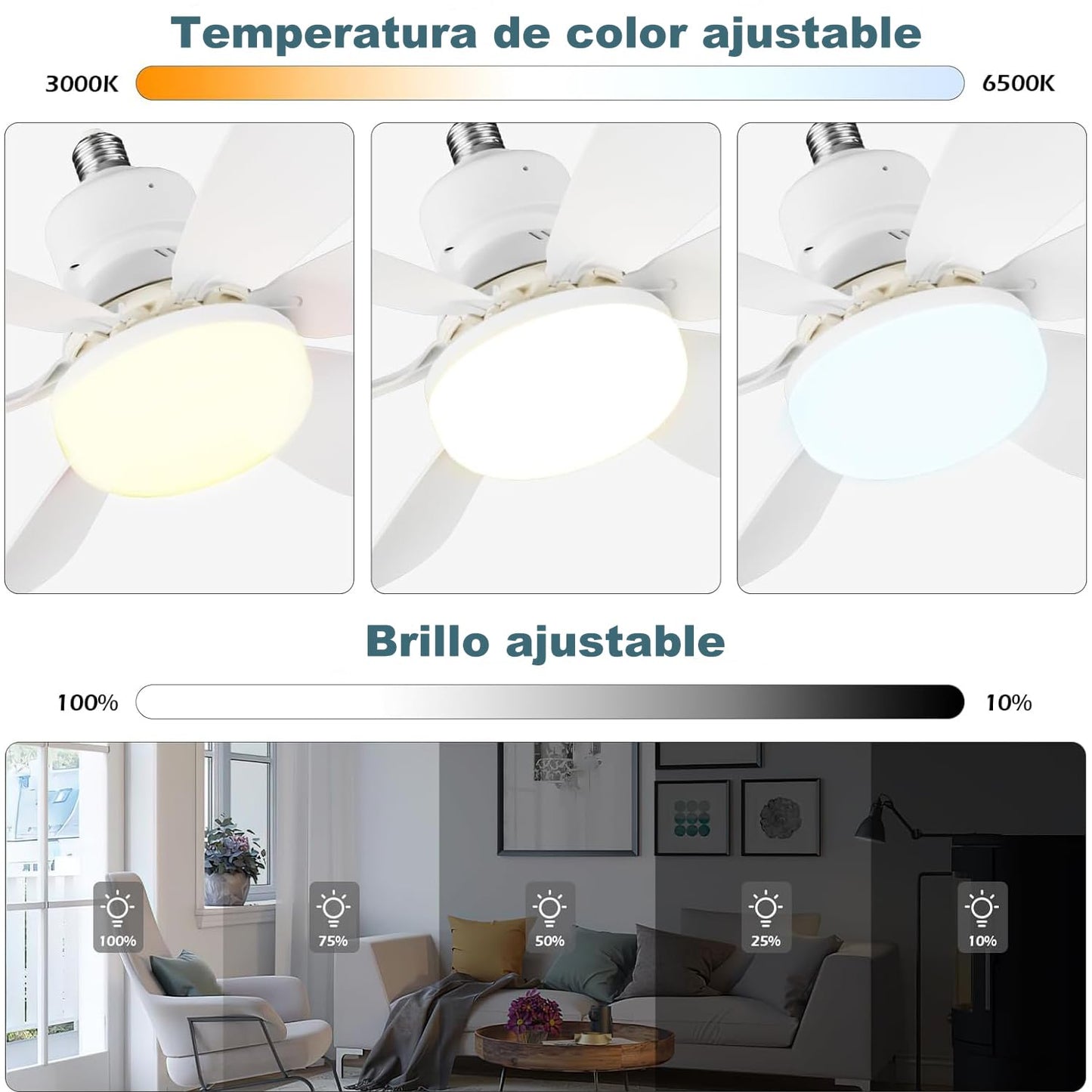 Ventilador de techo con luz y control remoto, 40W E26/E27 ventilador con luz led de techo, ventilux de techo moderno inteligente, 3000K-6500K/luminosidad regulable y 3 velocidades (20,5 pulgadas)