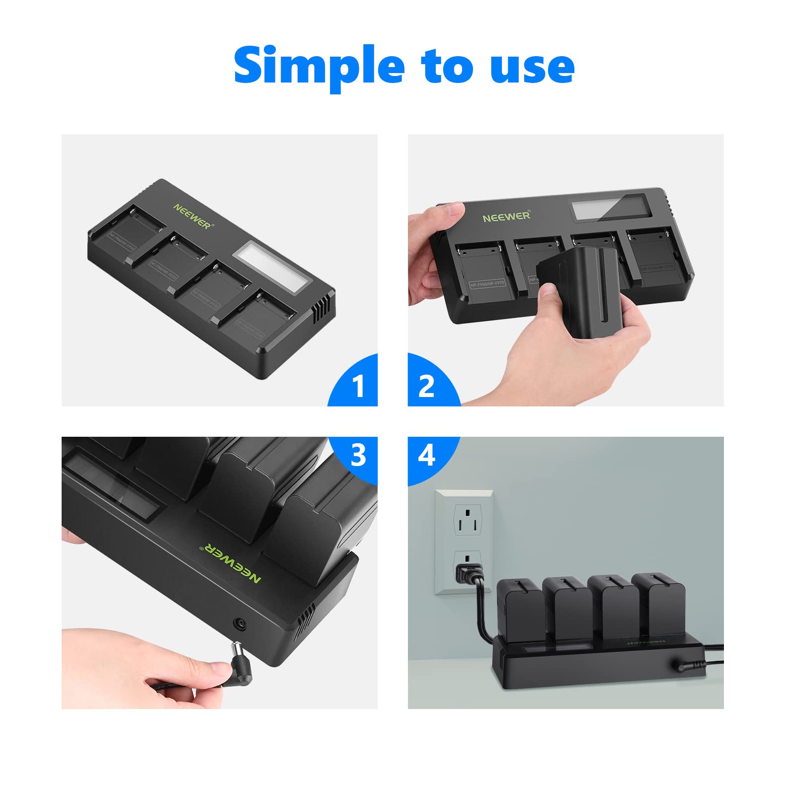 Baterías de Repuesto NEEWER Negras 6600mAh con Cargador de 4 Canales y Adaptador de Corriente para Monitor de Campo y Luz de Vídeo