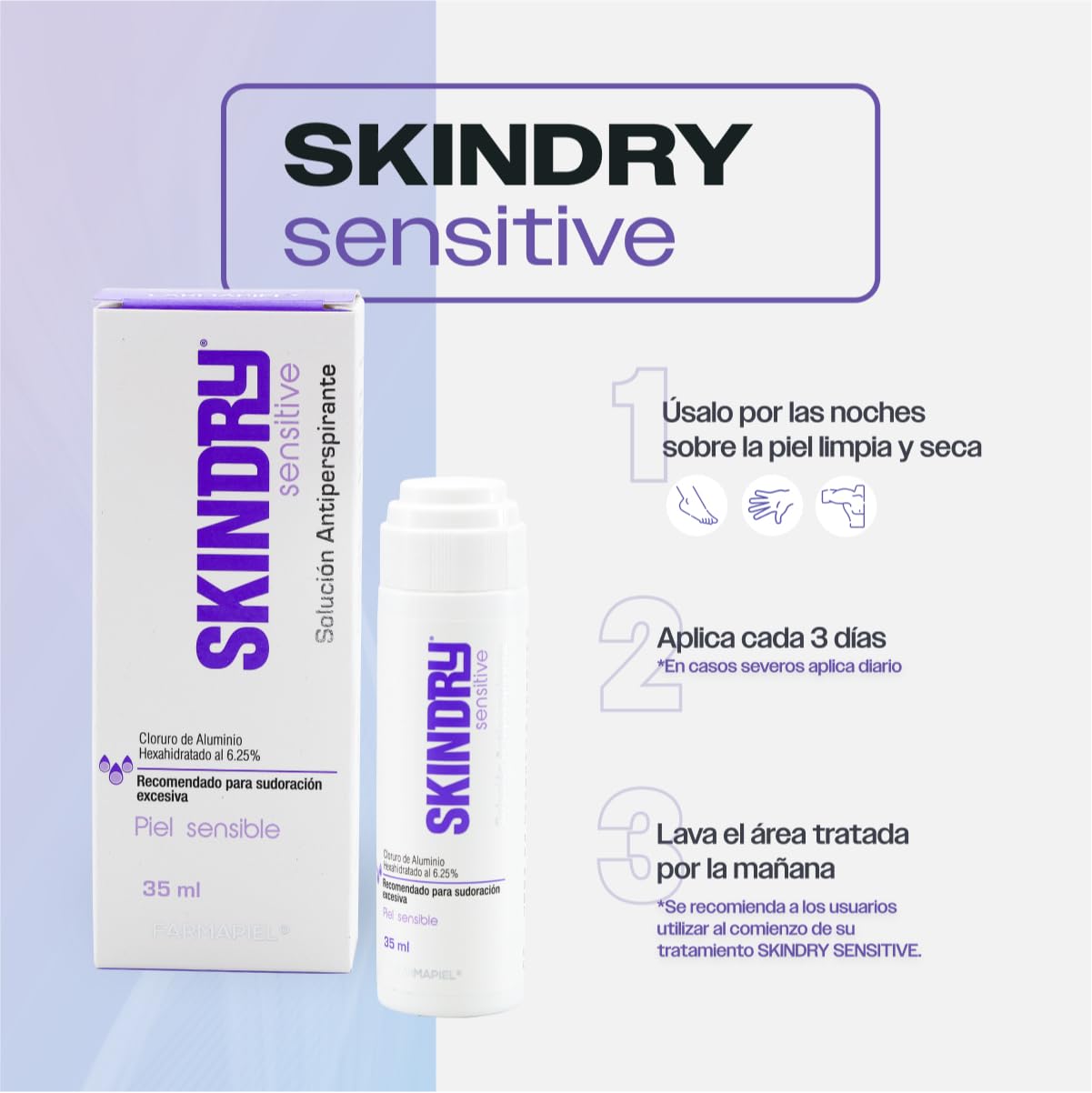 SKINDRY Sensitive Desodorante Mujer y Hombre para Pieles Sensibles | Sudoración Excesiva | 48 hrs de Protección | Antitranspirante Natural para Axilas, Pies, Manos, Espalda, Cuero Cabelludo | 35 ml