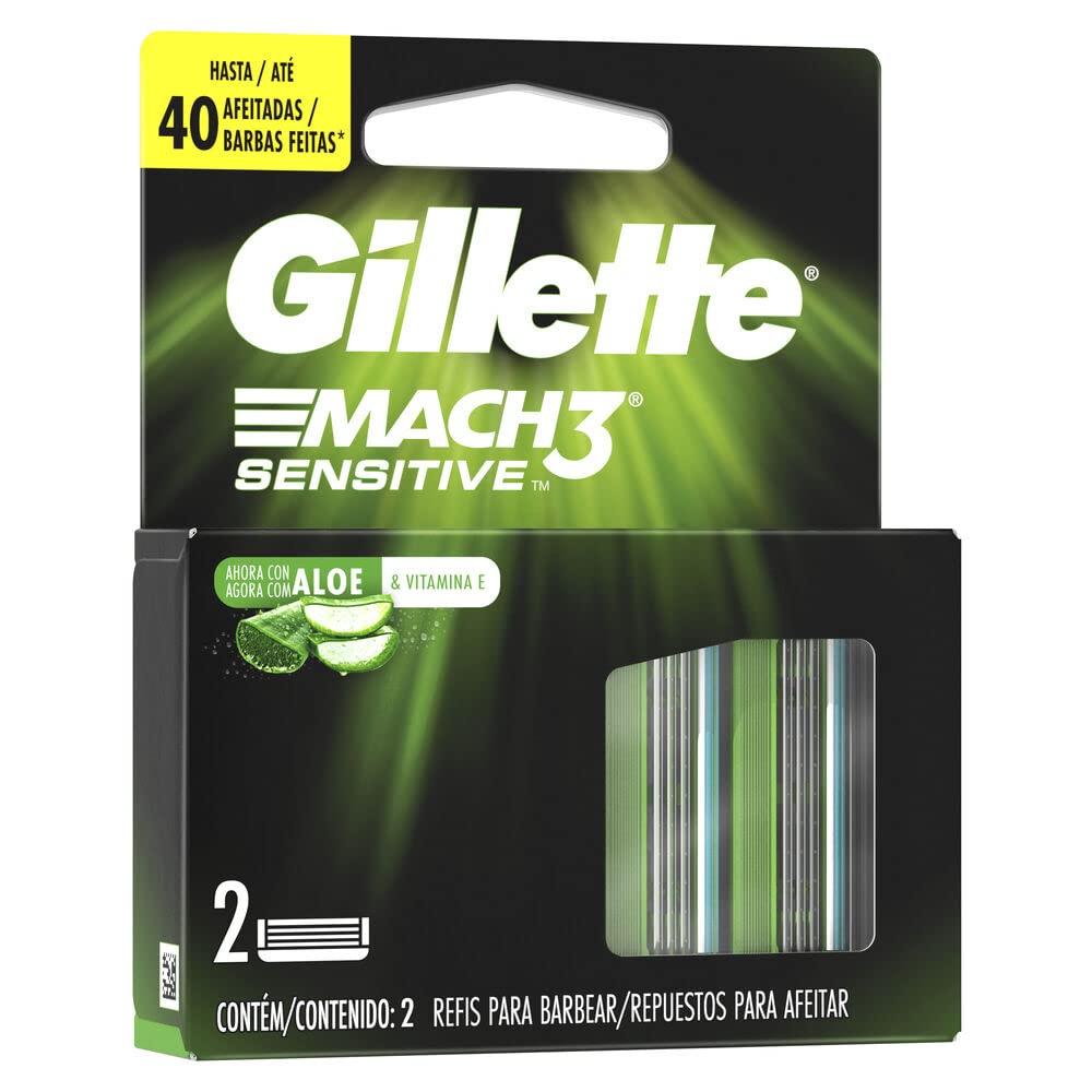 GILLETTE Mach3 Sensitive, Cartucho de Rastrillo para Afeitar, 2 Repuestos con Aloe & 3 Hojas para Rasurar, Rastrillo para Hombre con Piel Sensible