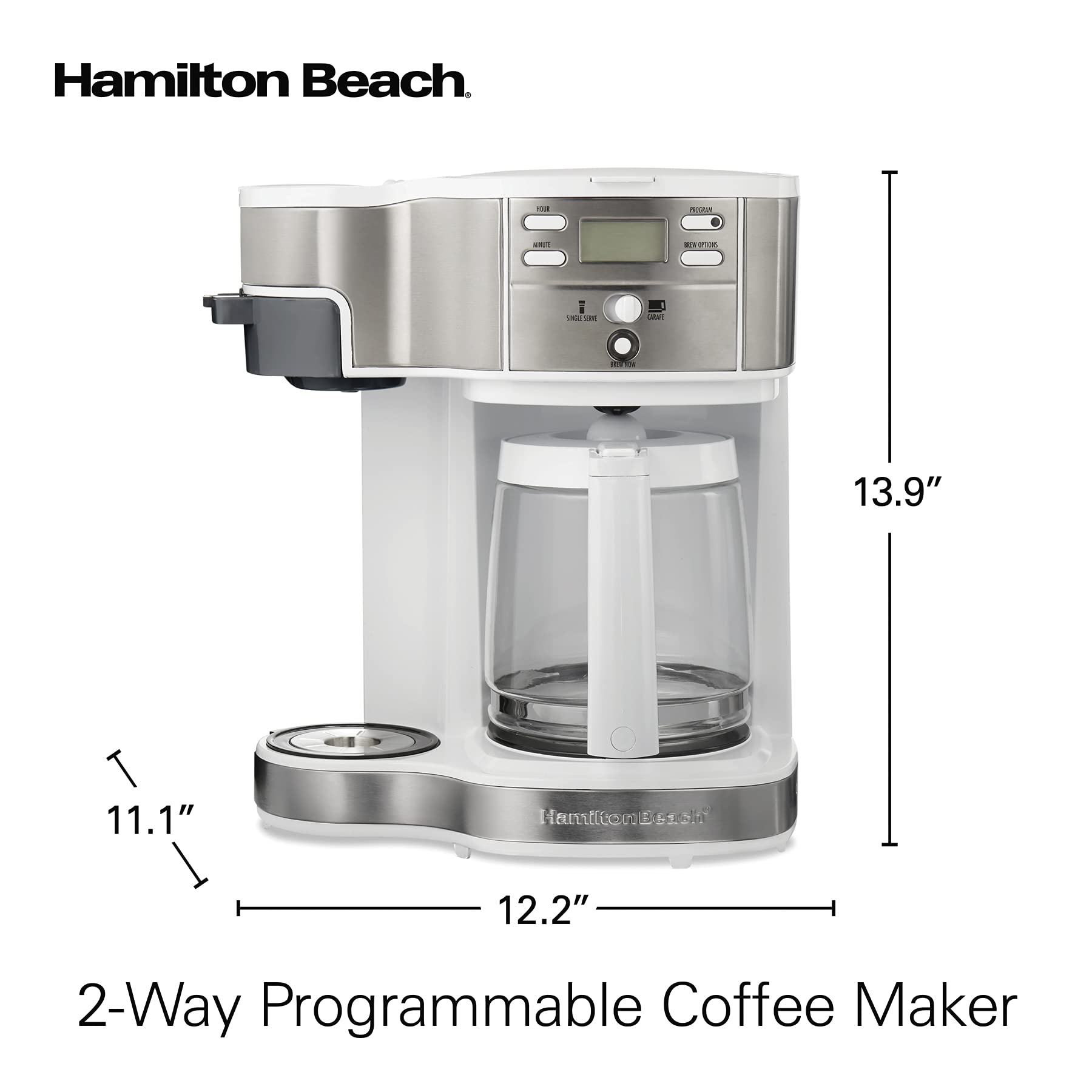 Hamilton Beach 49933 - Cafetera programable de goteo de 2 vías y máquina de una sola porción, jarra de vidrio, pausa y vierte automáticamente, color blanco