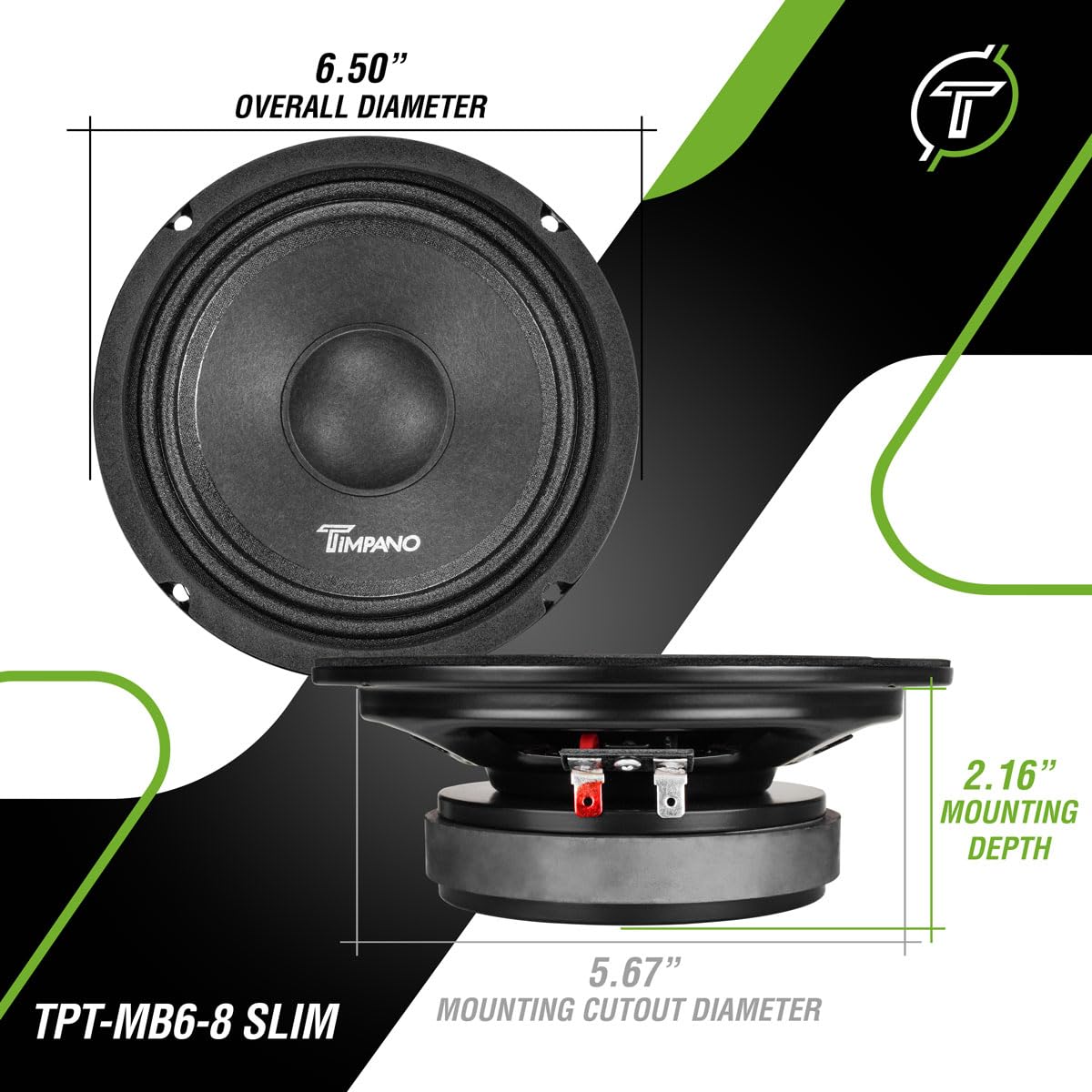 Timpano - Altavoz de audio profesional de 6.5 pulgadas de 600 vatios TPT-MB6-8 delgado perfil pequeño 8 ohmios, PRO Midbass altavoz de audio para coche compacto para puertas personalizadas (individual