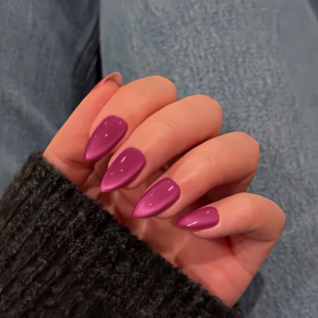 SXVME Uñas Postizas Rosa Intenso, Uñas Postizas De Neón Con Diseño De Ojo De Gato En Forma De Almendra Mediana, Uñas Postizas Cortas Con Brillantina Y Pegamento, Uñas Postizas Acrílicas Gruesas, Uñas