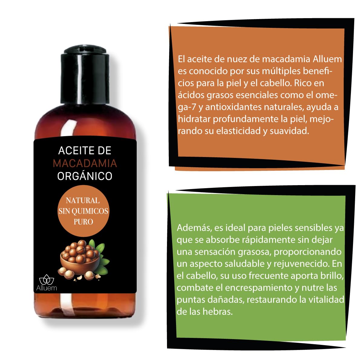 Aceite de Macadamia Orgánico para Nutrir Piel y Cabello Seco - Envío Gratis - Vegano y Sostenible