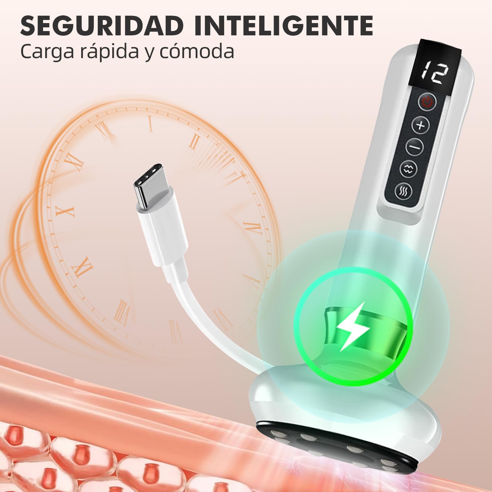 Masajeador AnticelulíTico,Masajeador Corporal Multifuncional,con Tablero Gua Sha,Herramienta de Masaje Eléctrico,12 Niveles con Calor, Eliminador De Celulitis para Abdomen,Brazo,Cintura,Pierna-Blanco