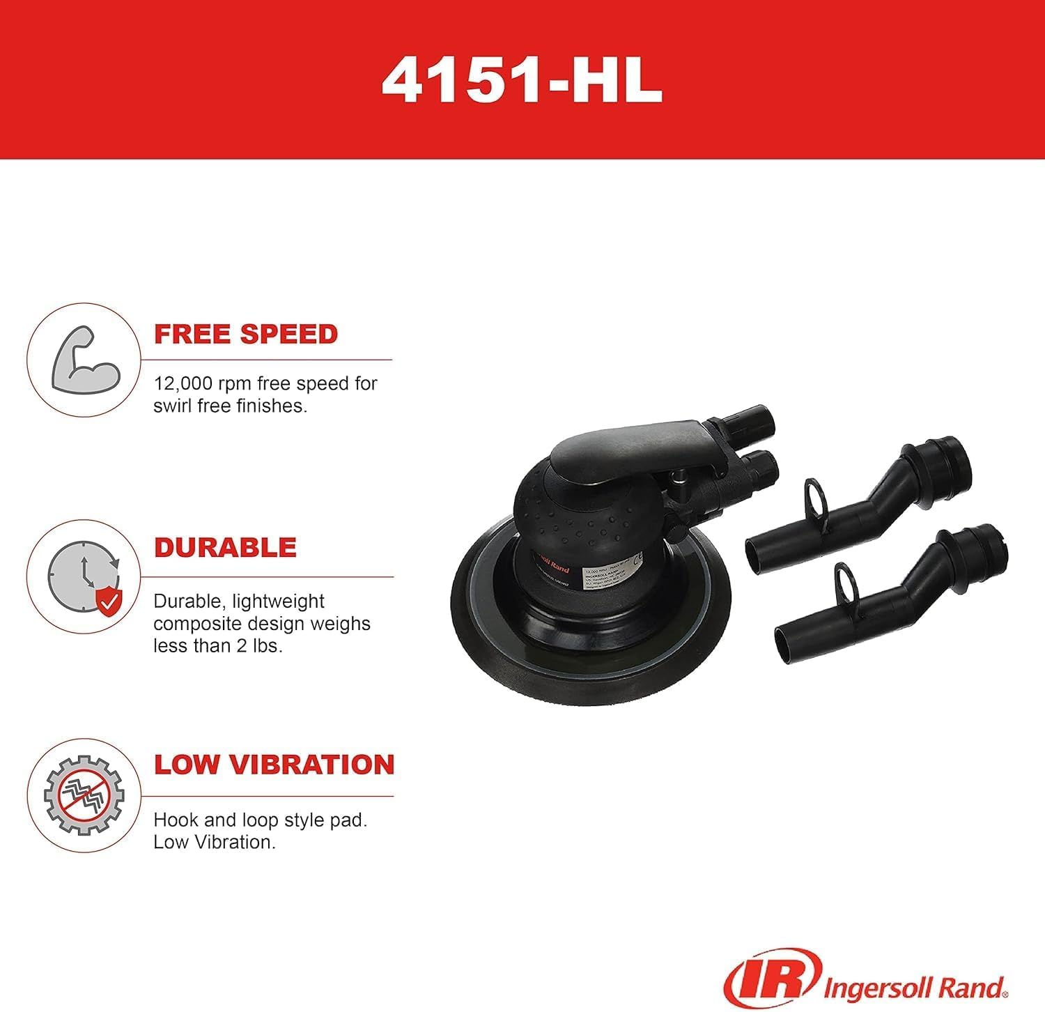 Ingersoll Rand 4151-HL Lijadora de aire orbital aleatoria, órbita de 3/16", gancho y bucle de 6", 12,000 RPM, 0.2HP.