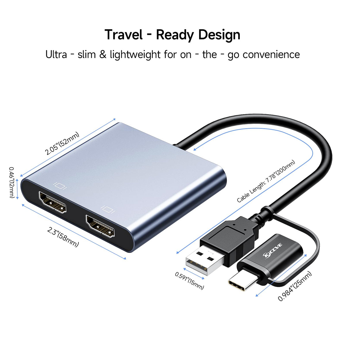 Adaptador USB a HDMI Dual KCEVE en Negro con Multipuerto Splitter Compatible con 1080p para Windows y M1/M2 Mac OS