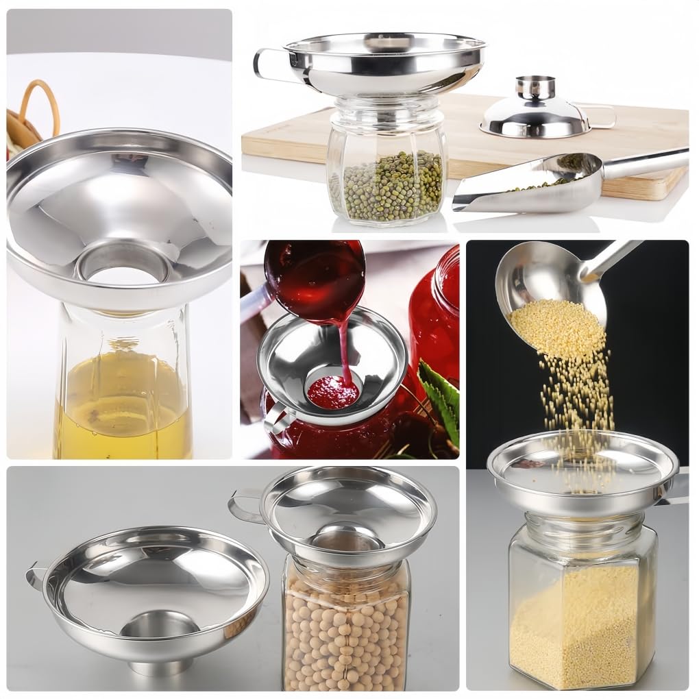 Juego de Embudos Acero Inoxidable Boca Ancha Grado Alimenticio con Asa para Conservas en Cocina