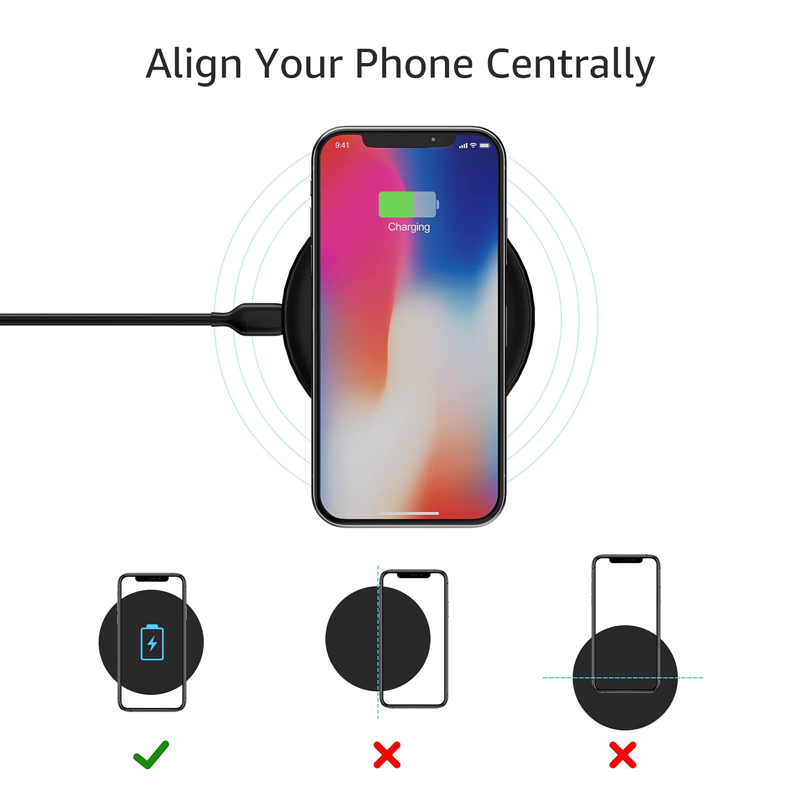 Amazon Basics - Almohadilla de carga inalámbrica con certificación Qi de 15 W (sin adaptador de CA)