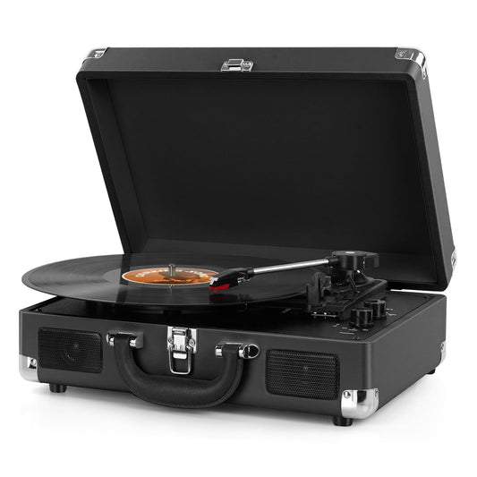 DIGITNOW Reproductor de grabación de tocadiscos de 3 velocidades con altavoces estéreo integrados, soporta salida USB/RCA, conector para auriculares, MP3/teléfonos móviles, reproducción de música, diseño de maleta (negro)