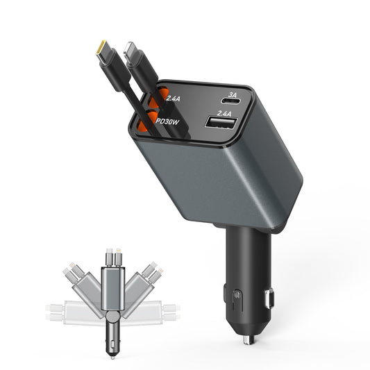 TESSAN Cargador para Auto Retráctil 69W, 4 en 1 USB C Cargador de Coche con 31.5in de Cable y 180° de Rotación, Accesorios para Auto Rápida Carga Compatible con iPhone 16/15, S24/S25 Ultra, Gris