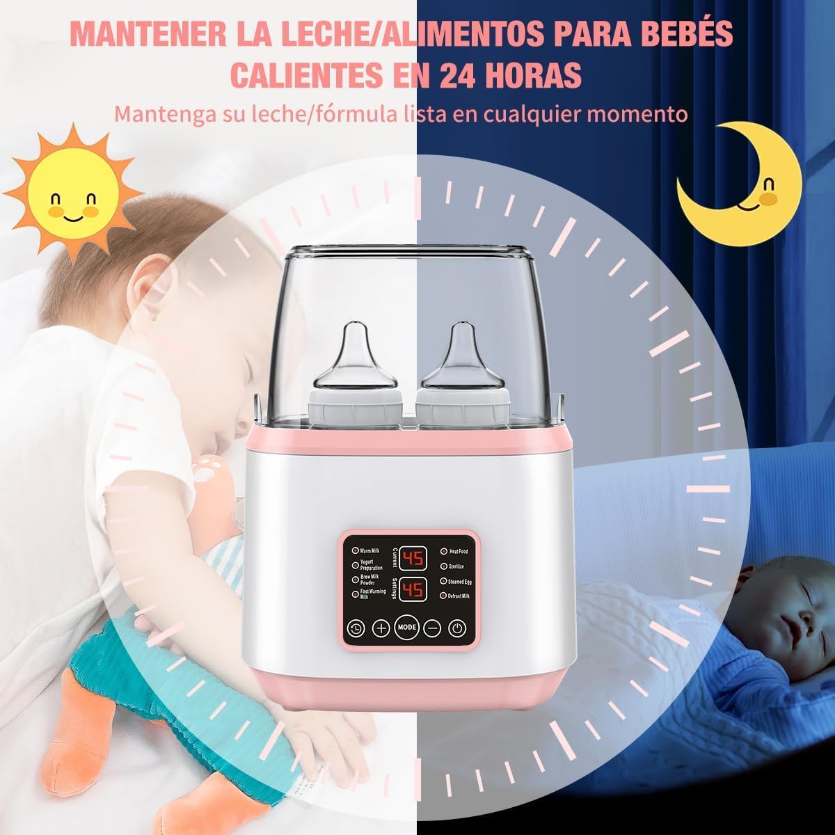 Calentador de Biberones, Esterilizador de Biberones Multifuncional 9 en 1, Calienta Biberon para Bebe Portátil, Apto para 4 Biberones, Pantalla LCD Control Preciso de Temperatura, Modo Constante de 24H