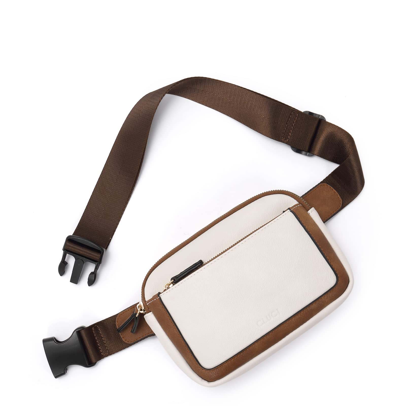 CLUCI - Riñonera para mujer, mini bolso cruzado en todas partes, correa ajustable, piel vegana, riñonera para mujer, A-0 Blanco roto con café, Una talla