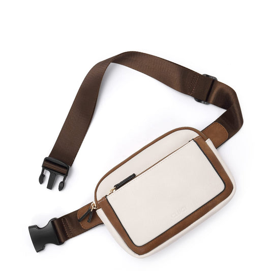 CLUCI - Riñonera para mujer, mini bolso cruzado en todas partes, correa ajustable, piel vegana, riñonera para mujer, A-0 Blanco roto con café, Una talla