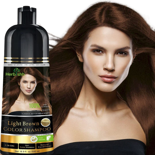 Herbishh - Champú colorante para cabello gris, champú con tinte natural para el cabello, colorea el cabello en minutos, dura hasta de 3 a 4 semanas, 500 ml, tinte de cabello 3 en 1, sin amoniaco | (marrón claro)