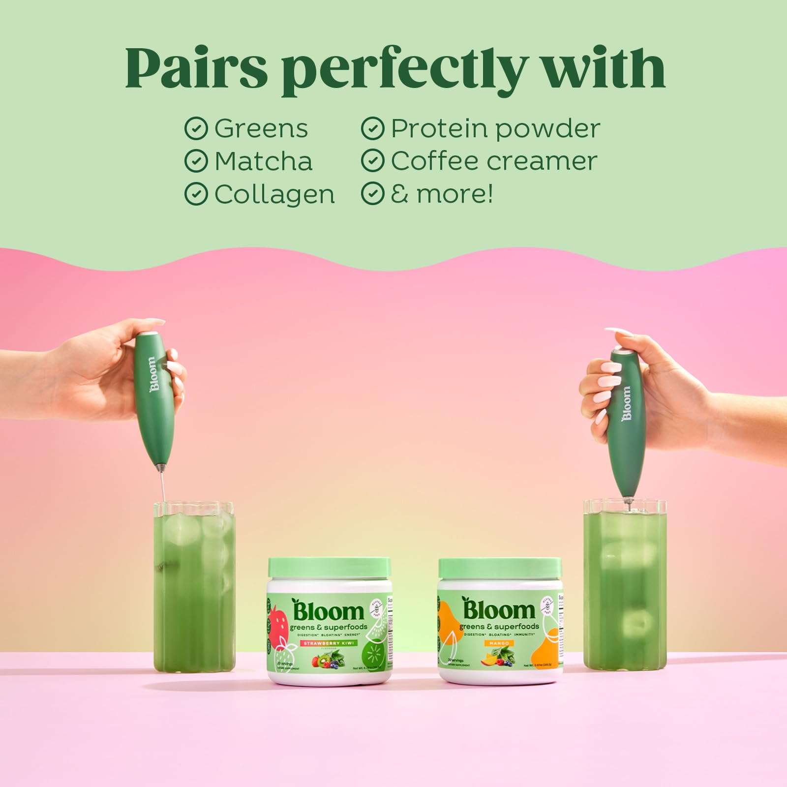 Bloom Nutrition - Espumador de leche, mezclador de mano, eléctrico, agitador de bebidas de mano, varita espumadora, máquina de espuma para café, Matcha, proteínas, verdes, acero inoxidable, funciona