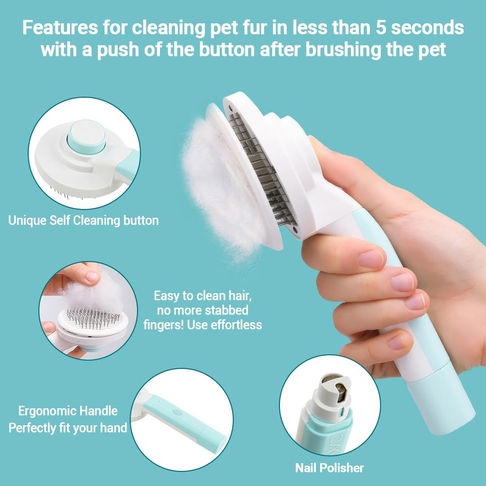 JESWO 2 en 1 Cepillo para Perro y Gato con Cortauñas Eléctrico, Autolimpiante Peines Quita Pelo de Mascotas, Limador de Uñas para Gato Sin Dolor Silencioso, Masaje y Peinado de Mascotas