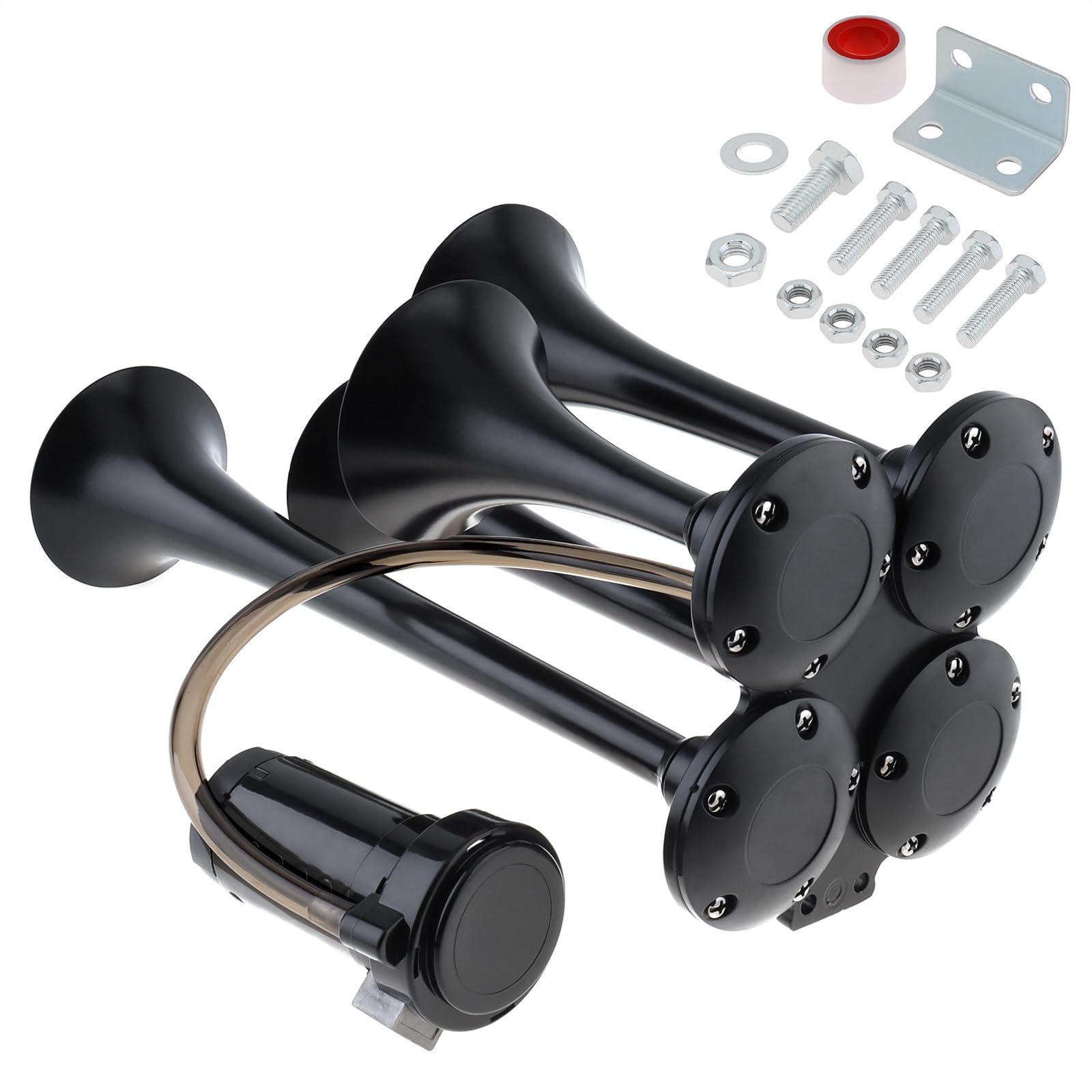 DriSentri - Kit de bocinas de tren, 4 trompeta, bocinas de tren superfuertes de 12 V 185 dB para camionetas, cuatro bocinas de aire de trompeta con compresor para vehículos, camiones, camionetas,