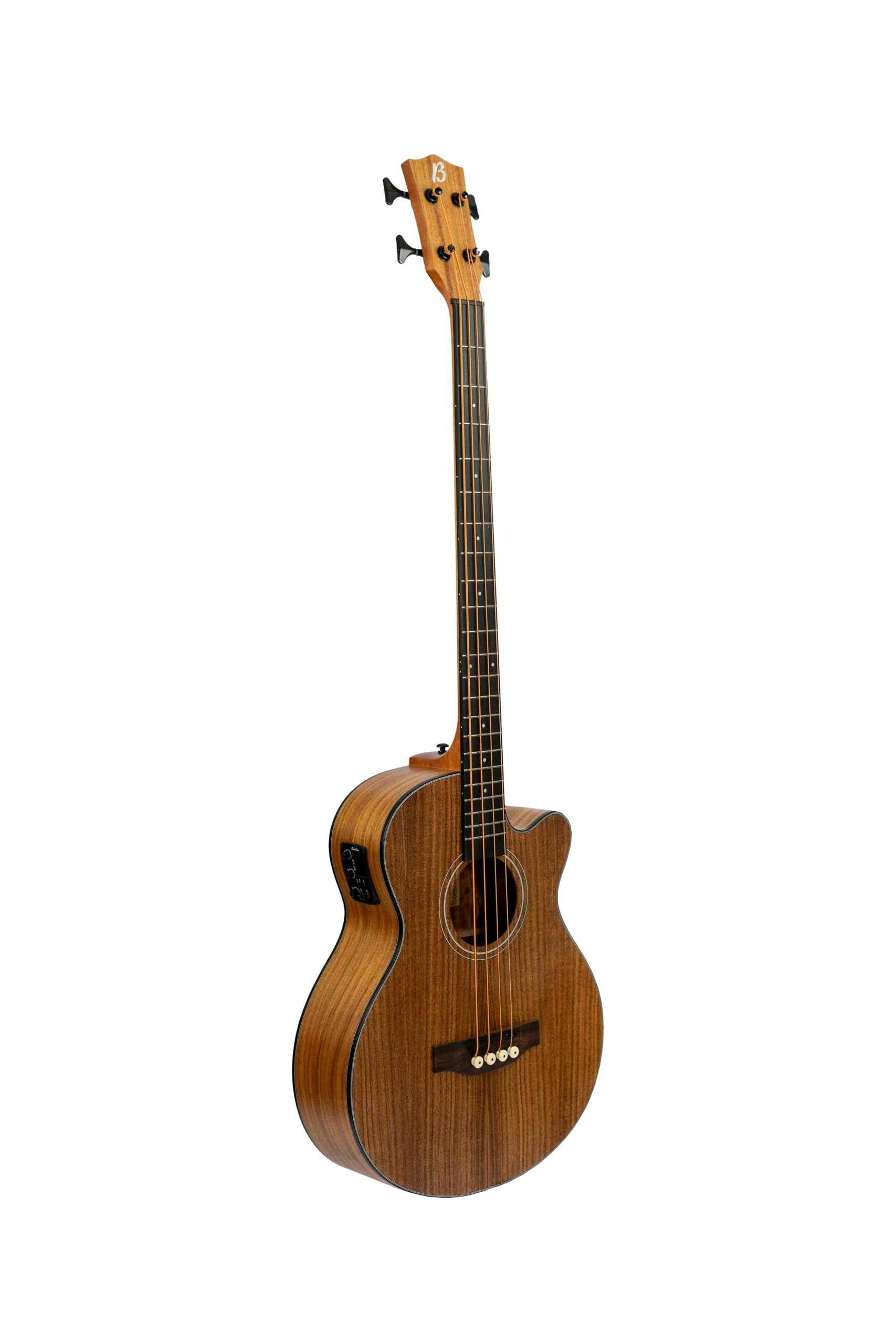 BAMBOO, Bajo Electroacústico Koa, Escala Larga con funda acolchada y ecualizador de 3 bandas, control de volumen y afinador cromático. Tapa, aros y fondo de Koa.