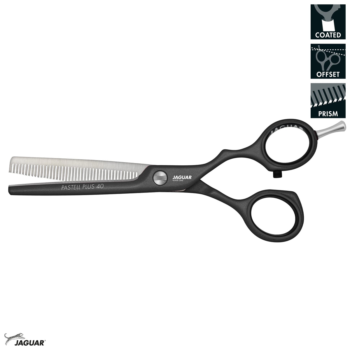 Jaguar Tijeras texturizadoras de línea blanca PASTELL Plus 40 LAVA 5.5 pulgadas Profesionales Tijeras de Corte de Acero para Salón, Peluqueros y Barberos, 40 dientes, Negro, Diseño Offset, Hecho en Alemania
