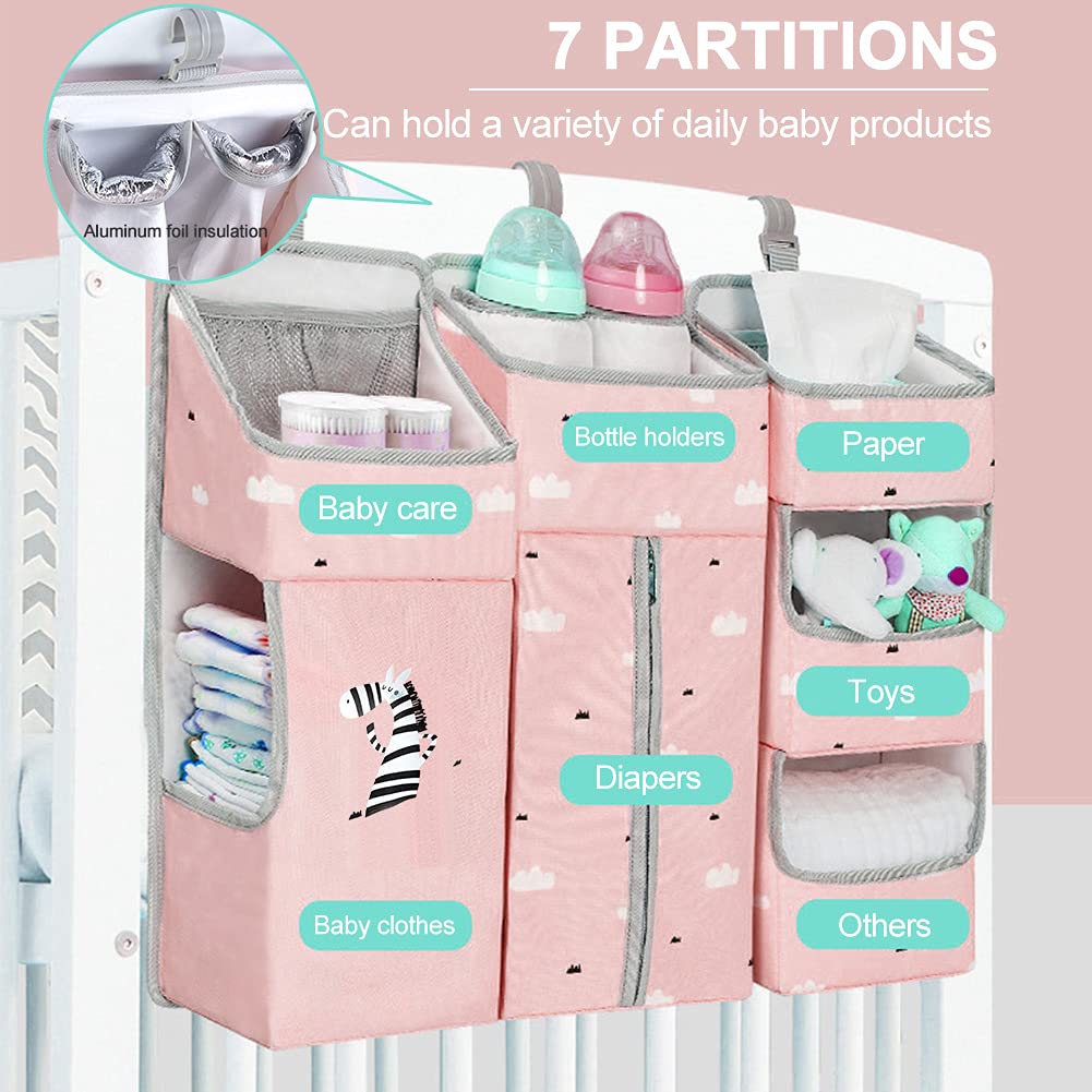 TOCKONIMN Organizador de pañales colgante para cuna de bebé, apilador de pañales 3 en 1 para cambiador, organización de guardería, soporte de almacenamiento para artículos esenciales para bebé, accesorio portátil de combinación de ropa (rosa)