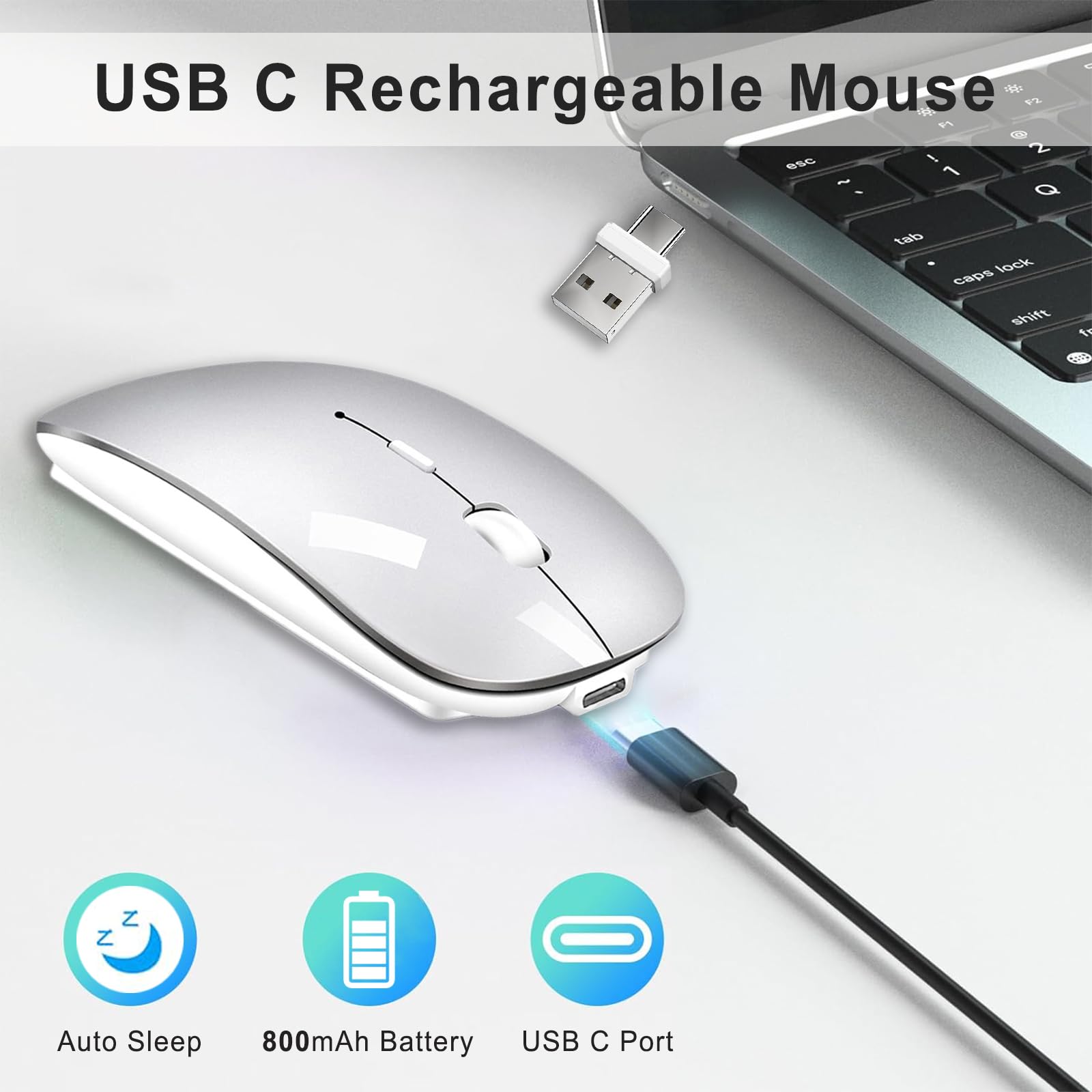 Mouse Inalámbrico Suteke Gris Recargable Tipo C para MacBook Air Pro iPad iMac y Portátil
