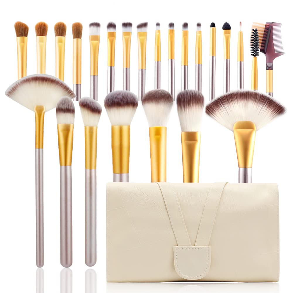 Brochas de Maquillaje Profesional 24 Piezas | Cepillo Sintético, Bolsa de Viaje