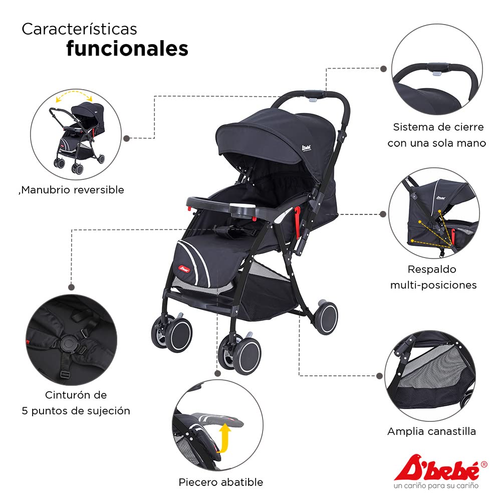 D´BEBÉ - Carriola Lu Baby - Carriola con Manubrio Reversible - Permite tener al Bebé siempre a la vista - Incluye Charola Porta Biberones - Color Negro