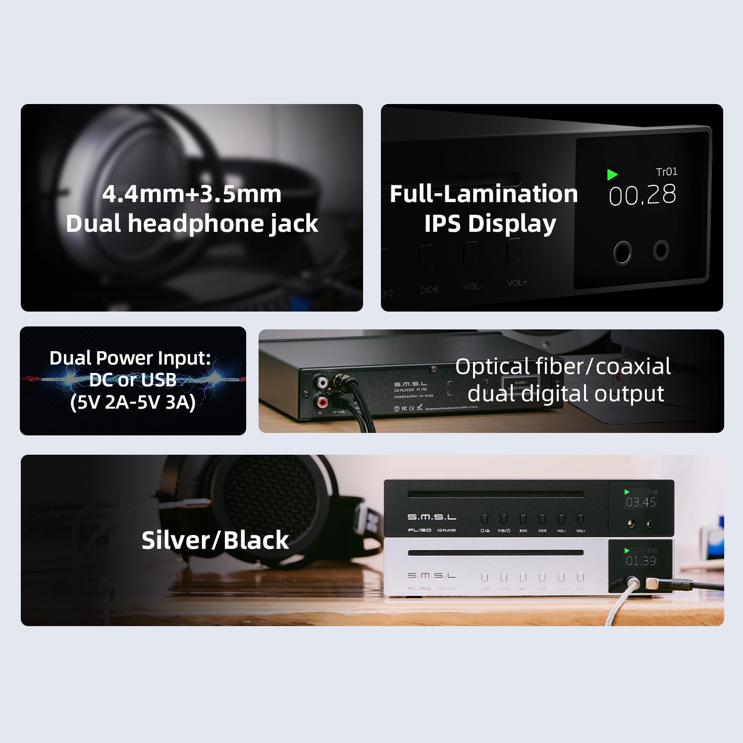 S.M.S.L SMSL PL150 Reproductor de CD,Compatible con CD estándar y Mini,CD MP3.Soporta RCA,Auriculares de 3,5 mm y 4,4 mm,Fibra óptica, Interfaz de Salida coaxial,Chip de CS43198